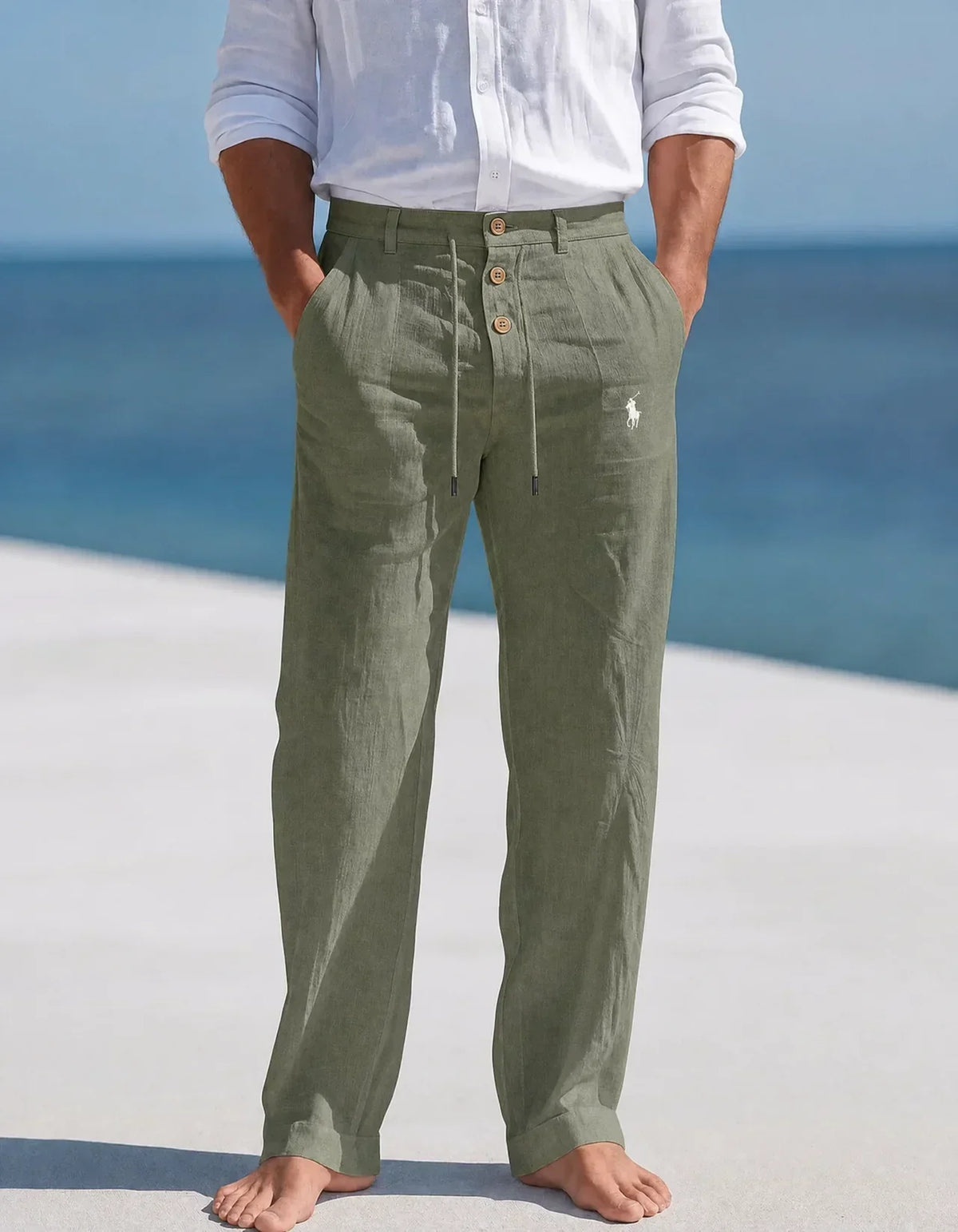 Pantaloni in Lino con Coulisse - Verde Militare