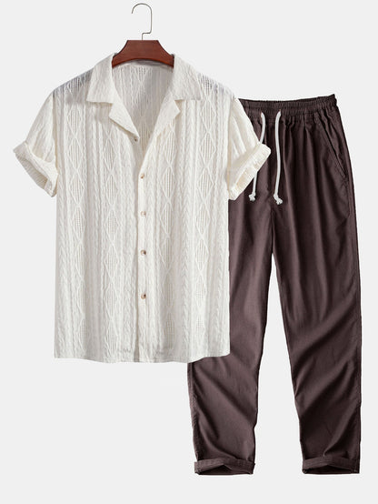 Camicia Geometrica Jacquard Cubana & Pantaloni in Lino a Gamba Dritta