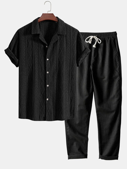 Camicia Geometrica Jacquard Cubana & Pantaloni in Lino a Gamba Dritta