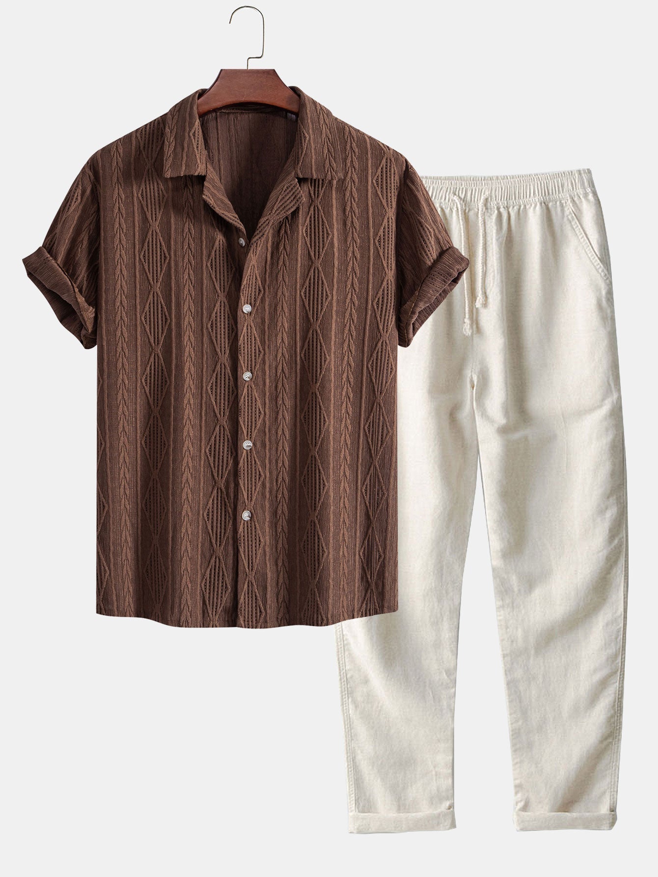 Camicia Geometrica Jacquard Cubana & Pantaloni in Lino a Gamba Dritta