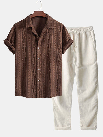Camicia Geometrica Jacquard Cubana & Pantaloni in Lino a Gamba Dritta