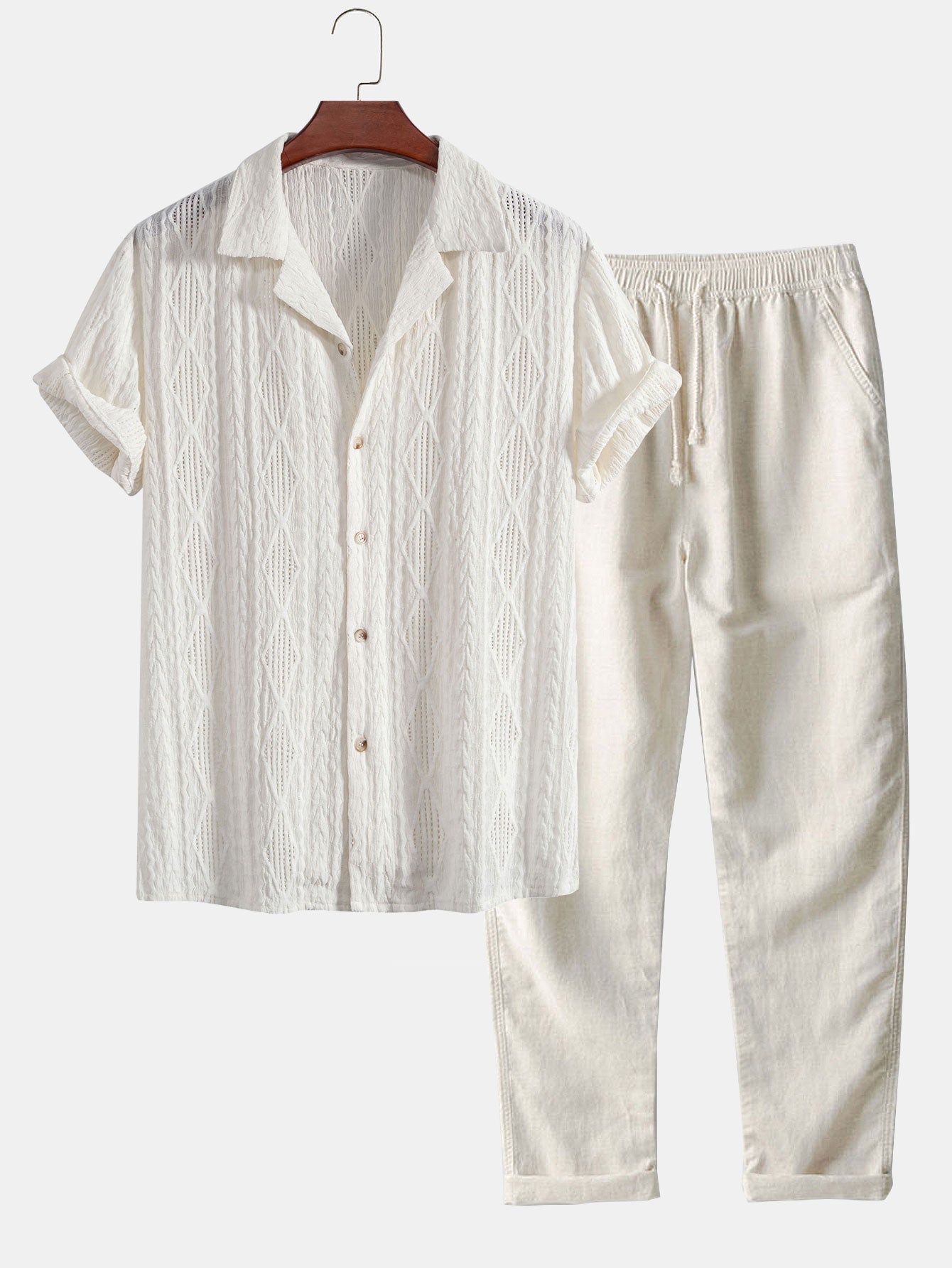 Camicia Geometrica Jacquard Cubana & Pantaloni in Lino a Gamba Dritta