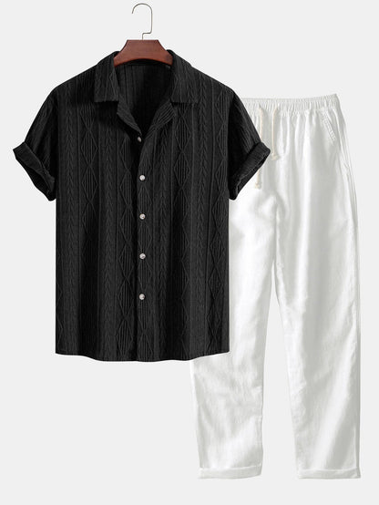 Camicia Geometrica Jacquard Cubana & Pantaloni in Lino a Gamba Dritta