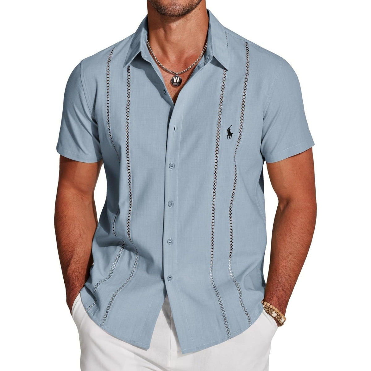 Camicia Premium Traforata a Manica Corta - Azzurro Chiaro