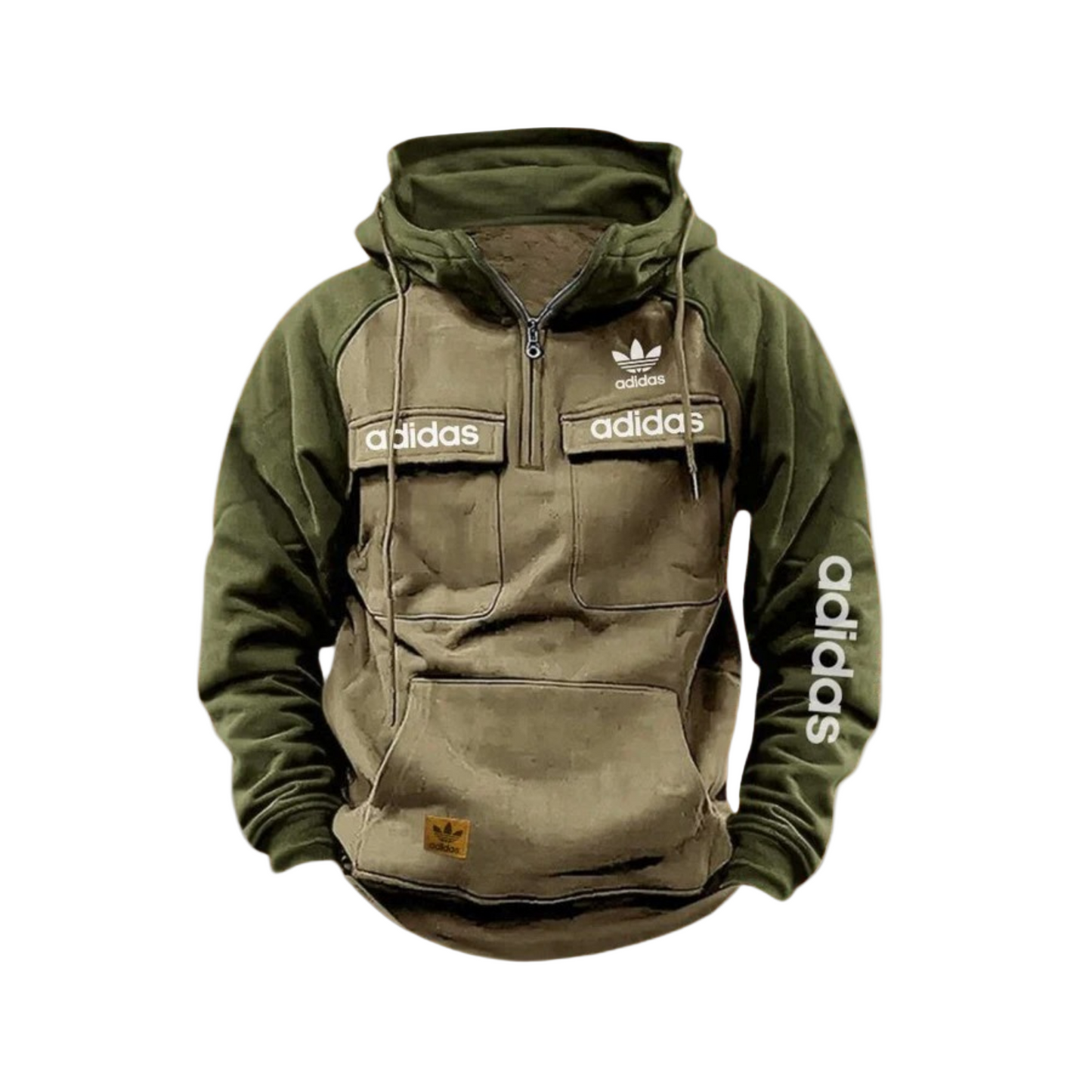 ADIDAS™ - Felpa a Quarter con Cappuccio Verde Beige