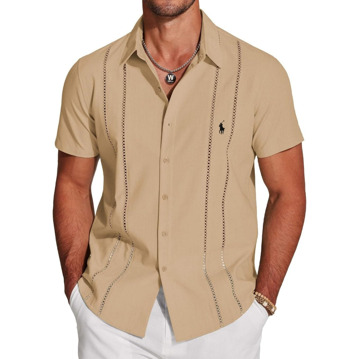 Camicia Premium Traforata a Manica Corta - Beige