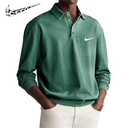 Polo da Uomo Retro Distressed Confortevole a Manica Lunga con Colletto