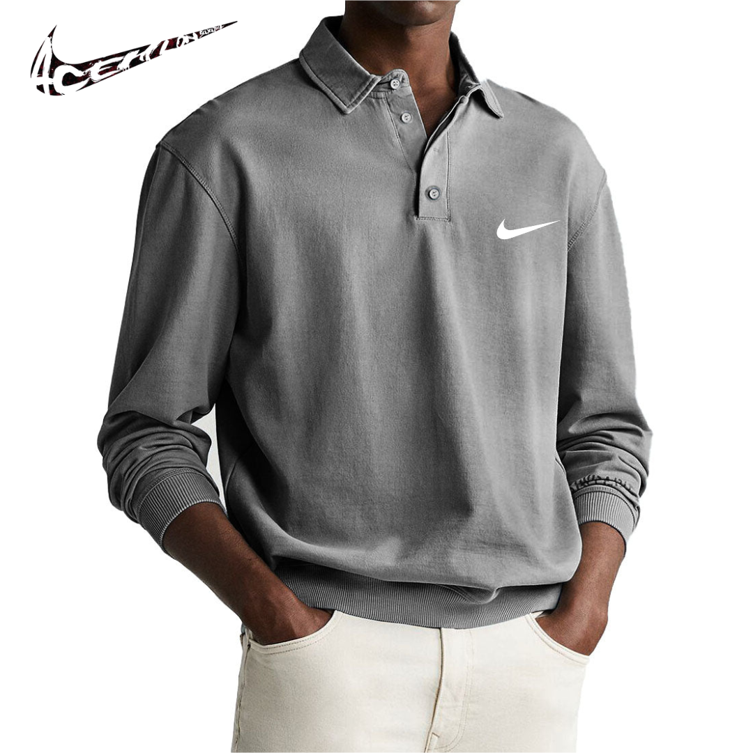Polo da Uomo Retro Distressed Confortevole a Manica Lunga con Colletto