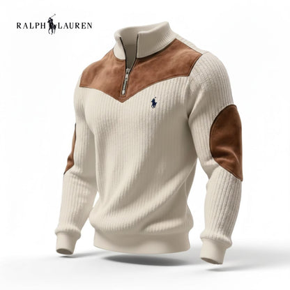 Maglione a Costine con Zip e Dettagli in Pelle Scamosciata