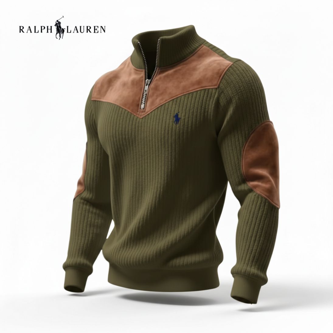 Maglione a Costine con Zip e Dettagli in Pelle Scamosciata