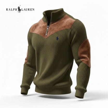 Maglione a Costine con Zip e Dettagli in Pelle Scamosciata