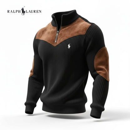 Maglione a Costine con Zip e Dettagli in Pelle Scamosciata