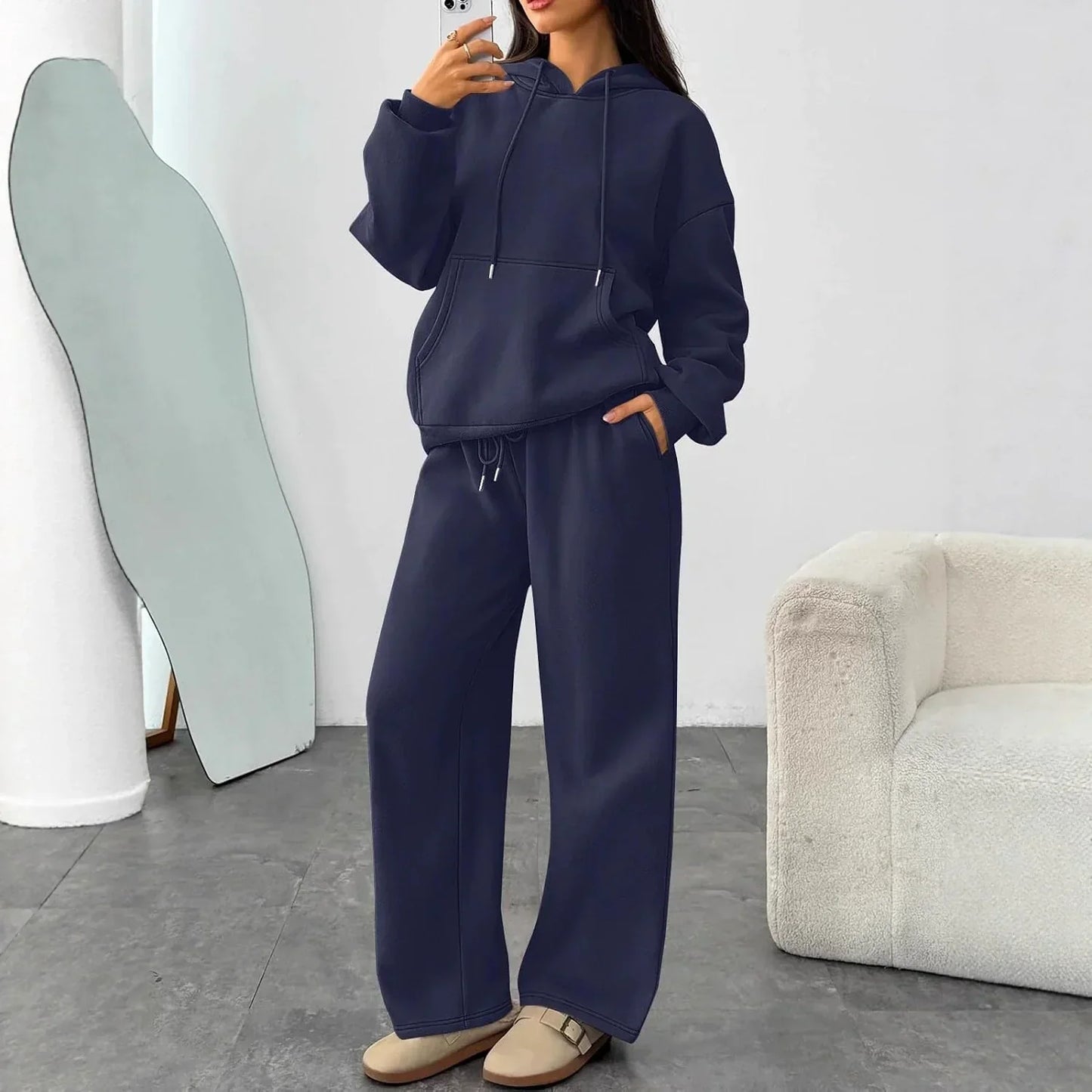 Set da Donna per il Tempo Libero – Felpa in Pile Morbido & Pantaloni Sweat a Gamba Larga