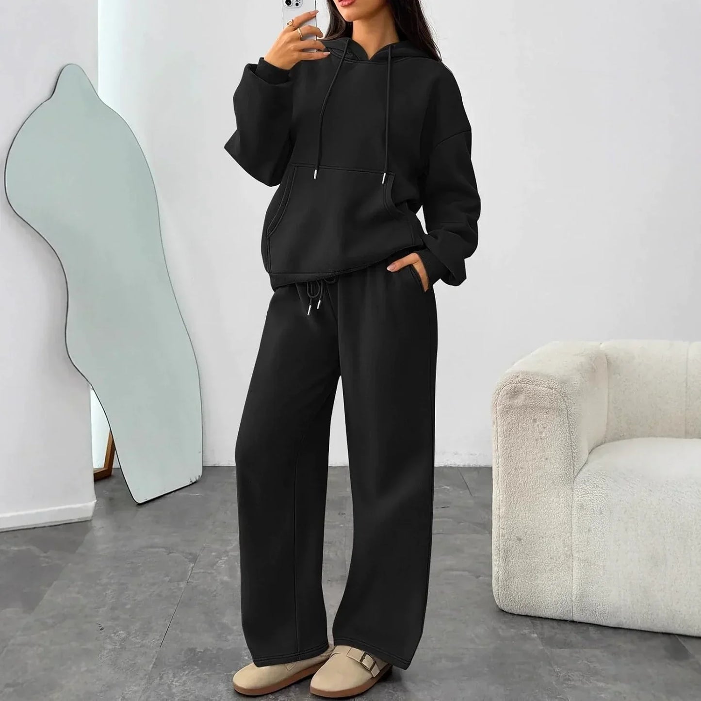 Set da Donna per il Tempo Libero – Felpa in Pile Morbido & Pantaloni Sweat a Gamba Larga