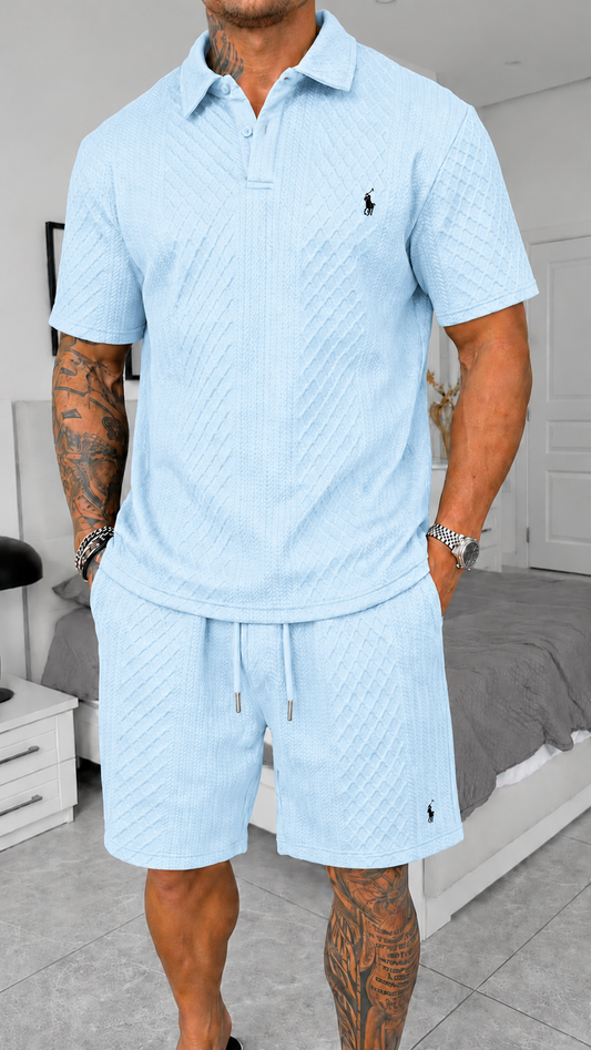 Completo Estivo Polo e Pantaloncini Jacquard - Blu Chiaro