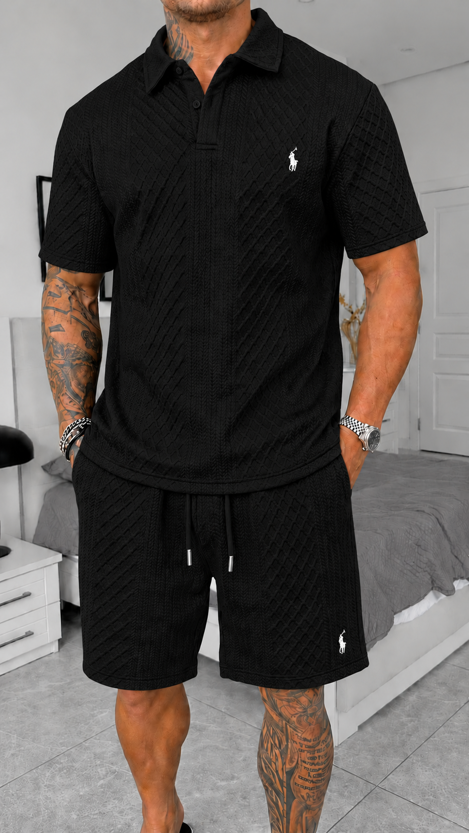 Completo Estivo Polo e Pantaloncini Jacquard - Nero