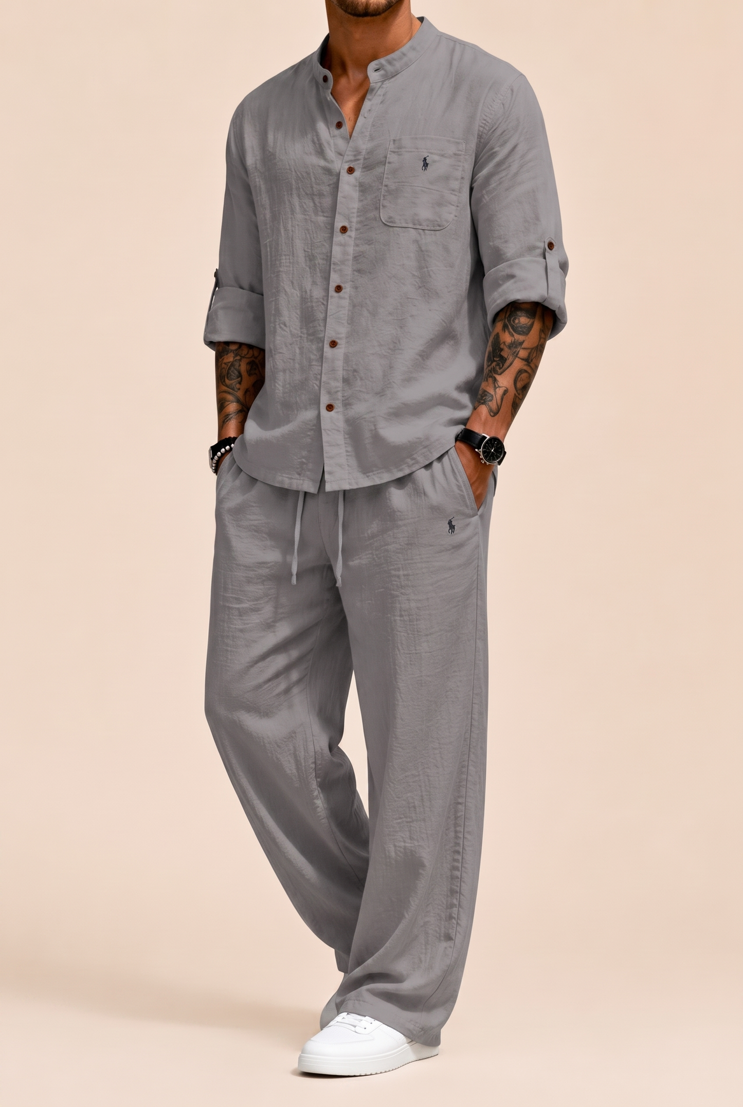 Completo Camicia e Pantaloni in Lino-Cotone Grigio