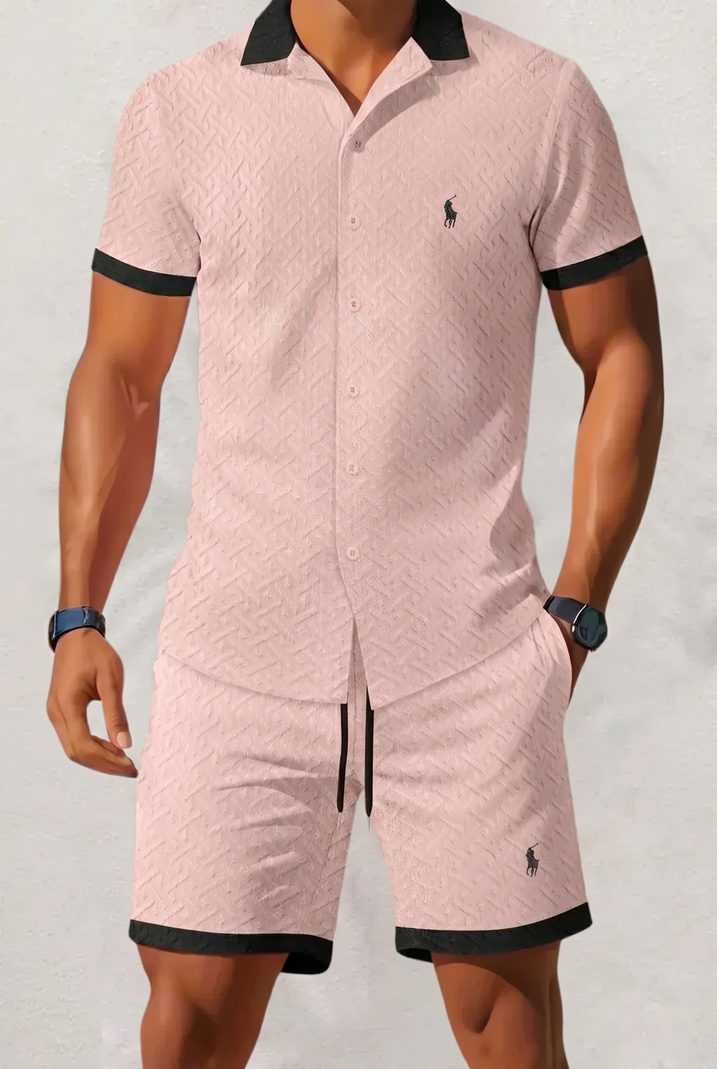 Completo Lino con Colletto a Contrasto Rosa