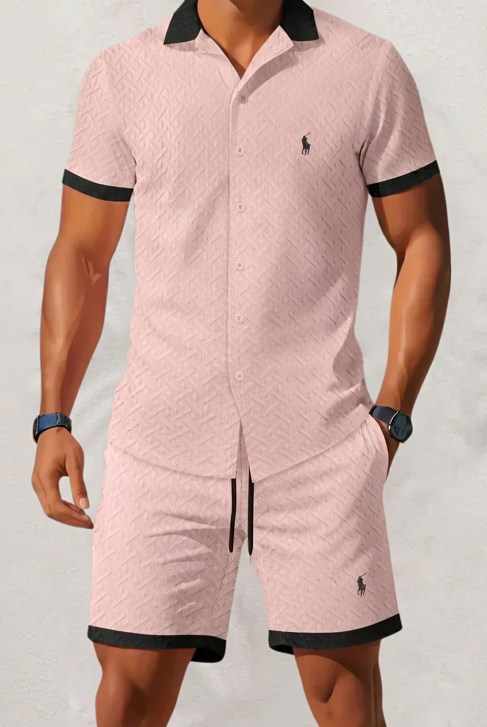 Completo Lino con Colletto a Contrasto Rosa