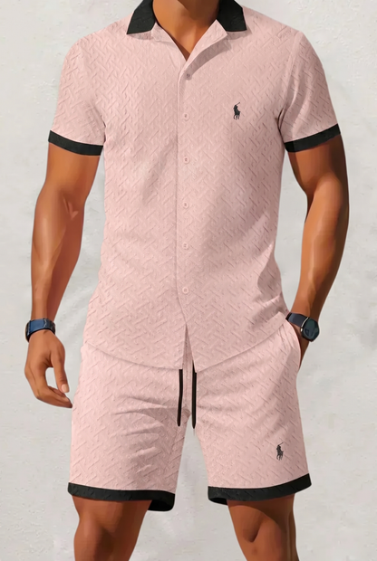 Completo Lino con Colletto a Contrasto Rosa